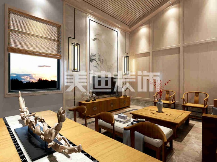 湘陰四合院新中式裝修案例效果圖-客廳