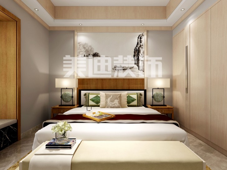 湘陰四合院新中式裝修案例效果圖-臥室