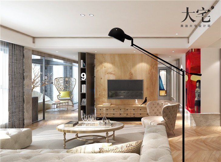 龍湖湘風原著工業風210平裝修案例—客廳