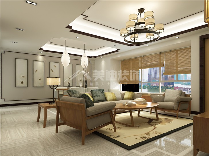 保利國(guó)際新中式風(fēng)裝修案例圖—客廳