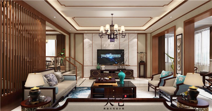 麓山別墅306平新中式風裝修案例圖—客廳