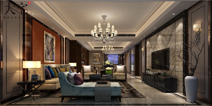 江山一號190平新中式風裝修案例圖—客廳