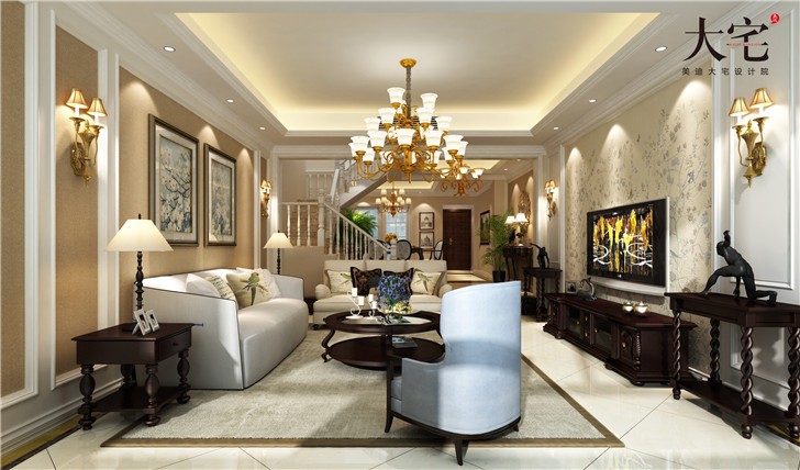 龍湖湘風原著210平歐式風裝修案例圖—客廳