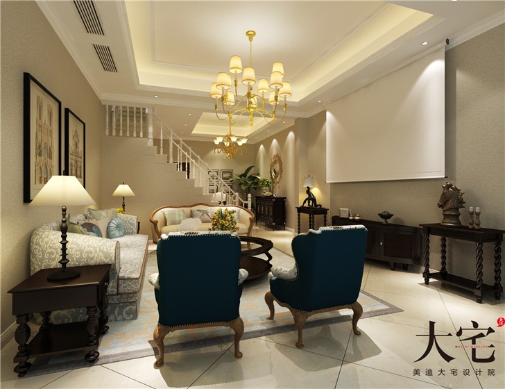 龍湖湘風原著210平歐式風裝修案例圖—客廳