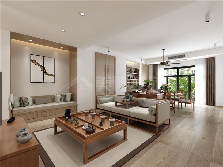 青園小區130平新中式風裝修案例圖—客廳