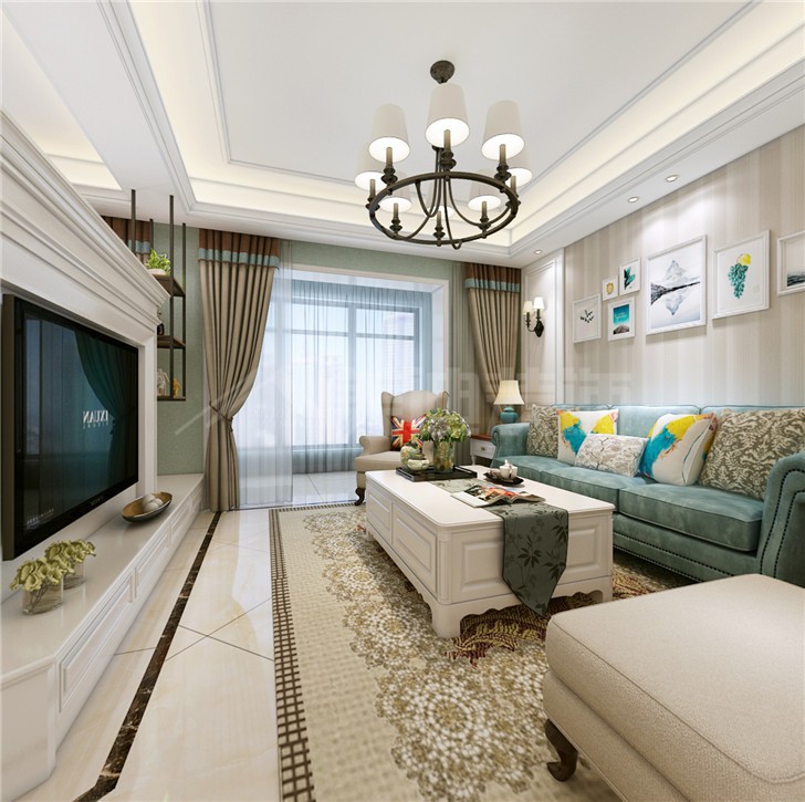 世貿鉑翠灣133平簡歐風裝修案例圖—客廳