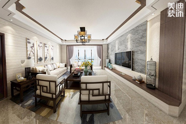 御景東方138㎡新中式裝修效果圖-客廳