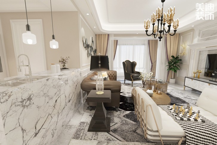 八方小區160平米現代美式輕奢風格案例圖--客廳