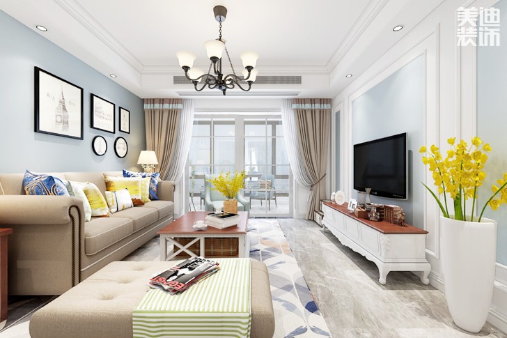 明發國際城115平米美式田園風格案例效果圖--客廳