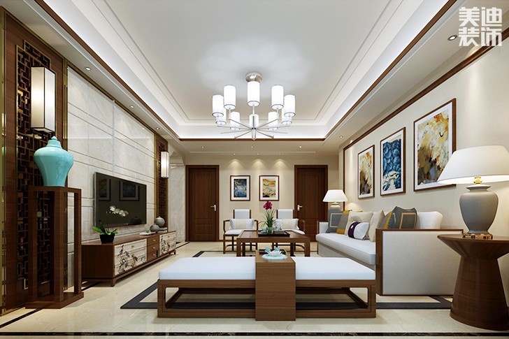 金鐘·時代城135平米中式風格案例效果圖-客廳