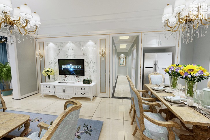 富興鵬城140平歐式風格裝修案例圖--客廳