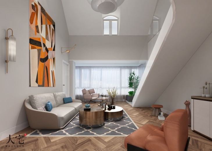 萬境園180平復式現代簡約風格裝修案例實拍圖-客廳