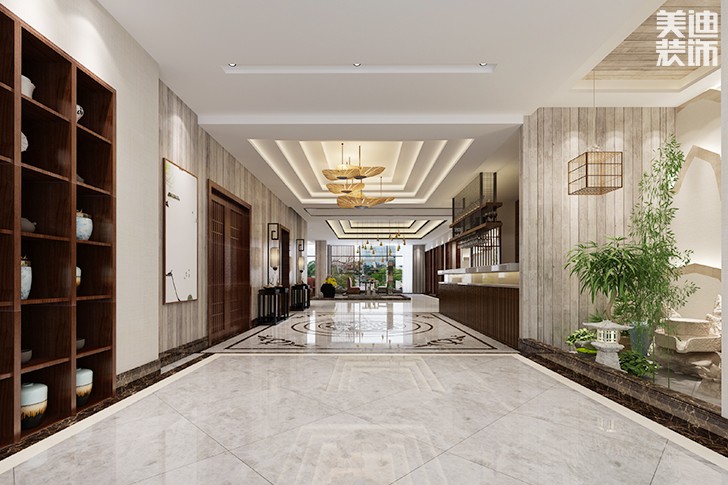 西維咖啡慕茗緣店1800平米新中式風格效果圖--進門吧臺區大廳