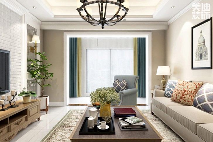 金茂梅溪湖107平米歐式風格裝修效果圖--客廳