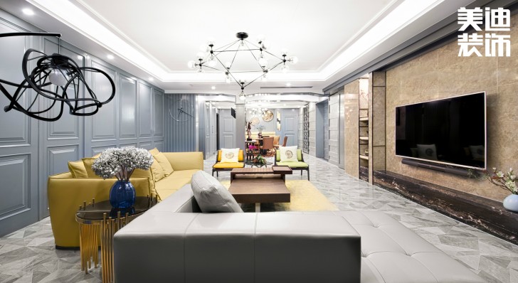 北辰定江洋260㎡現代混搭風格裝修案例實拍圖-客廳