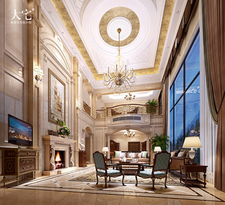 寧鄉自建別墅1000平方米美式風格案例效果圖-客廳