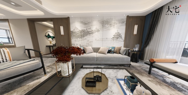 湘江壹號245平方米新中式風格案例效果圖-客廳