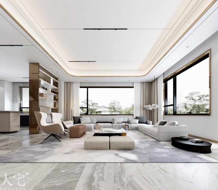 梅溪香山500平方米現代輕奢風格案例效果圖-客廳