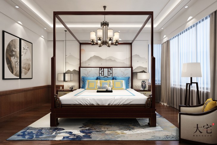 北辰三角洲170平方米新中式風格案例效果圖-主臥