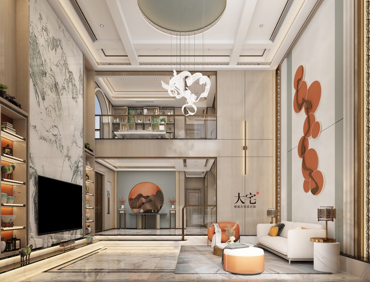 龍湖湘風(fēng)原著260平方米簡美風(fēng)格案例效果圖-客廳