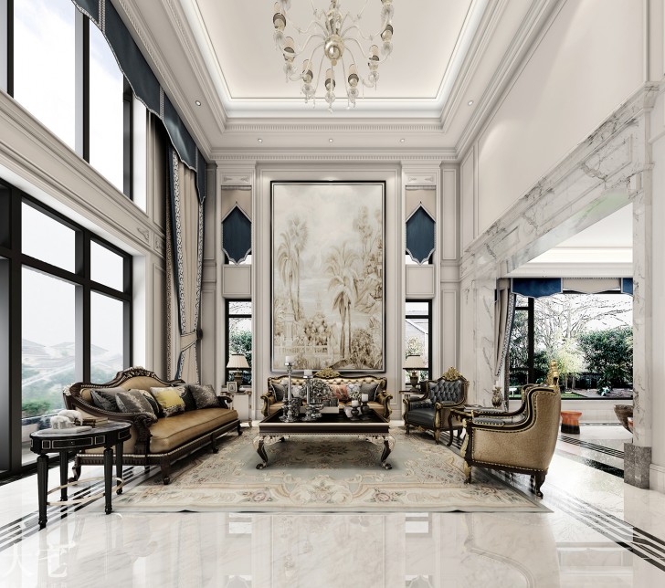 水岸新都600平方米法式風(fēng)格案例效果圖-客廳