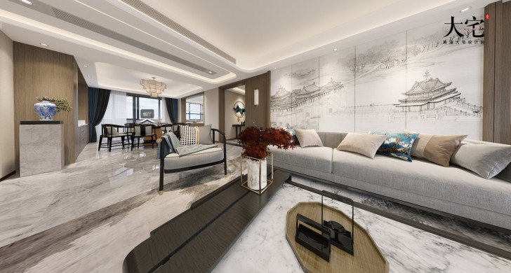 湘江壹號245平方米新中式風格案例效果圖-客廳