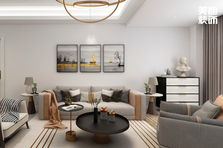 五礦萬境水岸95㎡北歐輕奢風格案例效果圖—客廳