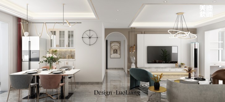 長(zhǎng)房半島藍(lán)灣100㎡法式輕奢風(fēng)裝修案例效果圖-客廳