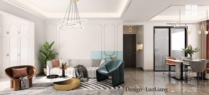 長(zhǎng)房半島藍(lán)灣100㎡法式輕奢風(fēng)裝修案例效果圖-客廳